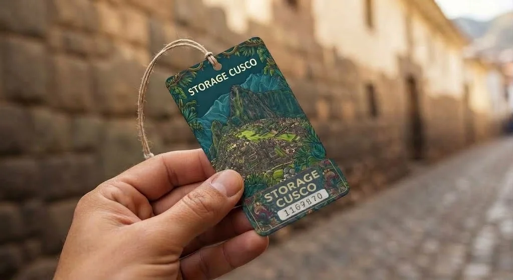 Ticket souvenir de Storage Cusco en la mano, calle inca de fondo
